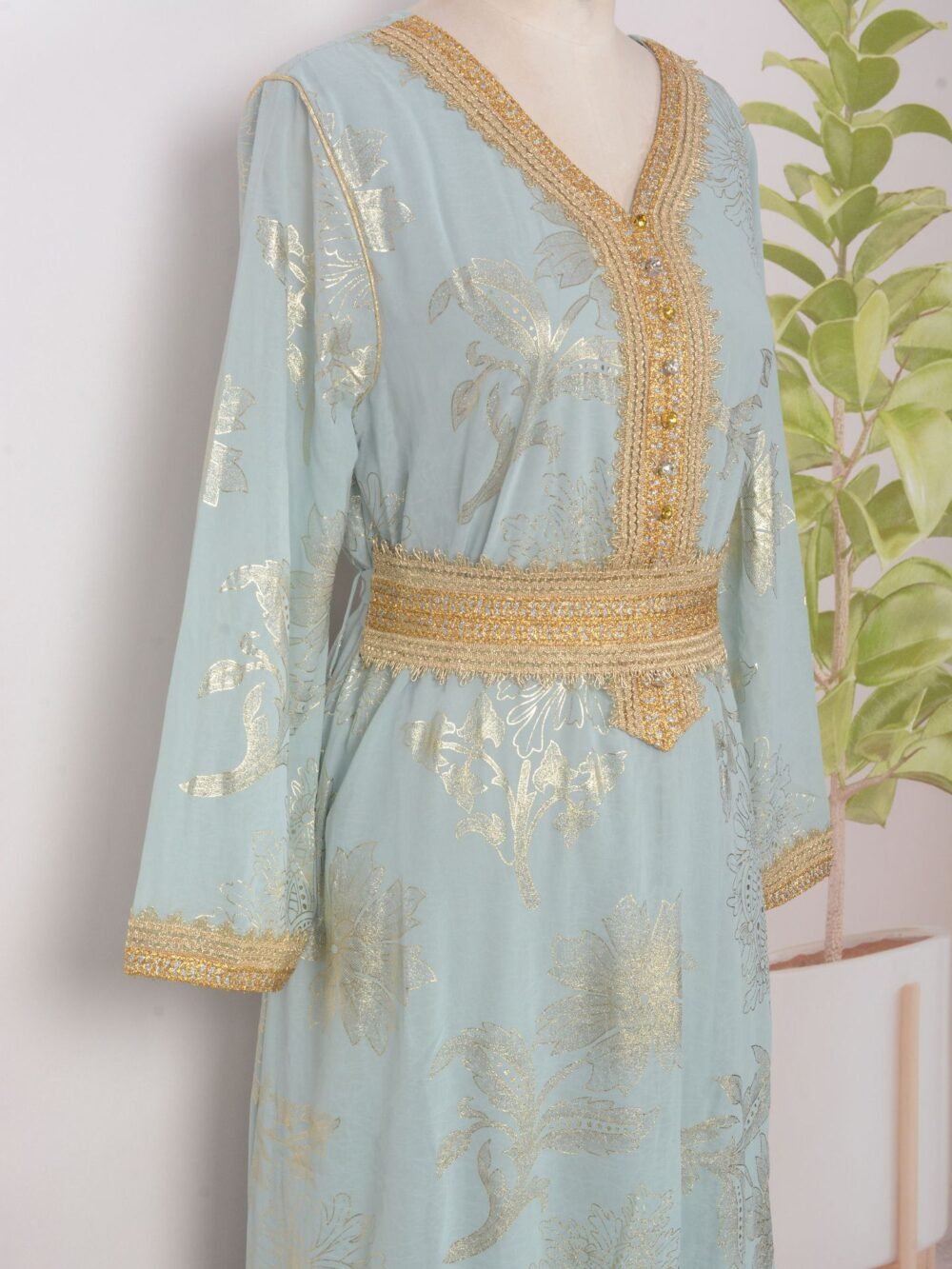 Gold Foil Belted Kaftan Dress