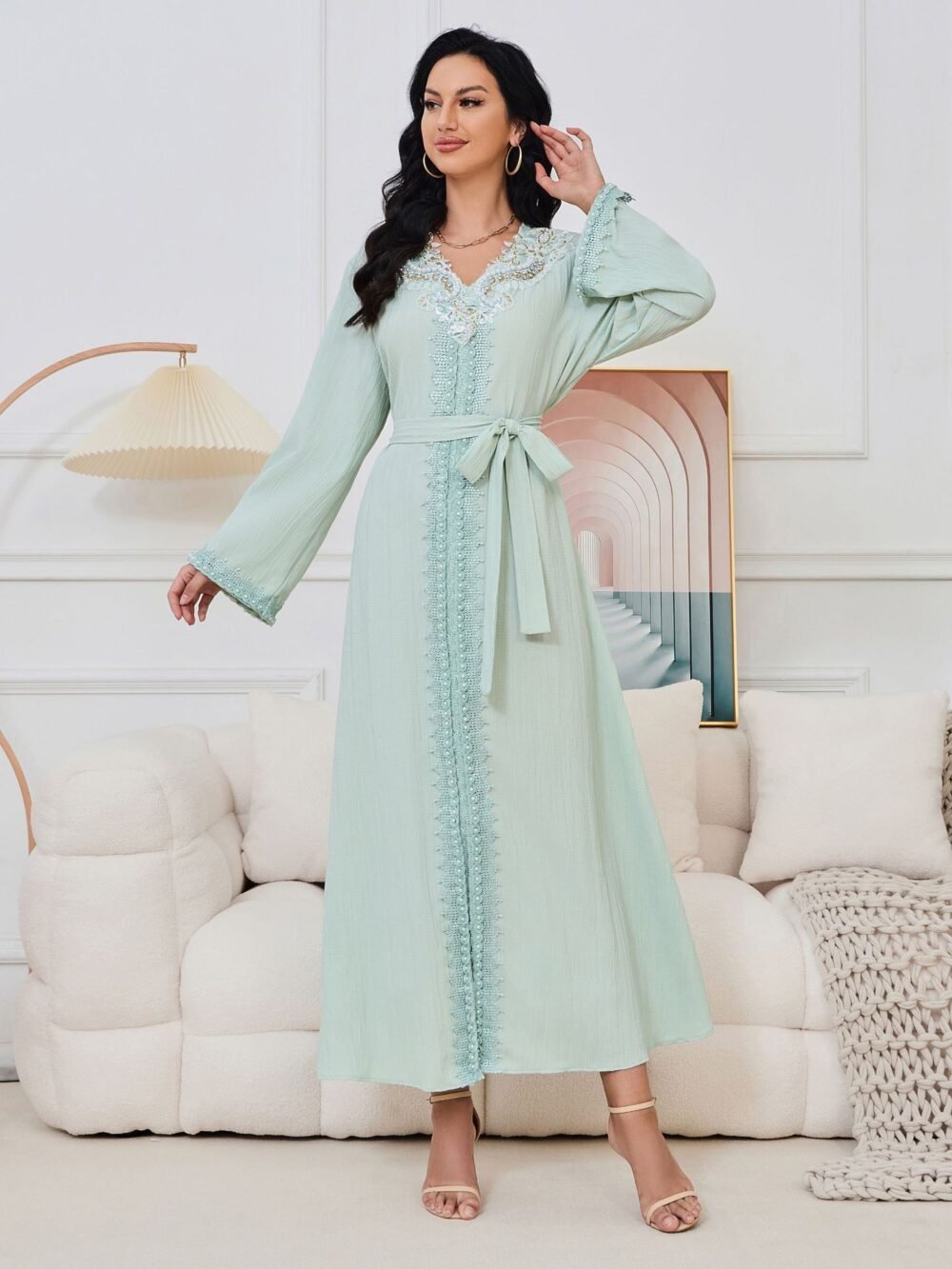 Pearl Decor Beads Embroidered Mint Green Kaftan Dress