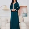 Lace Up embellishment Dark Green Muslim Abaya Dress