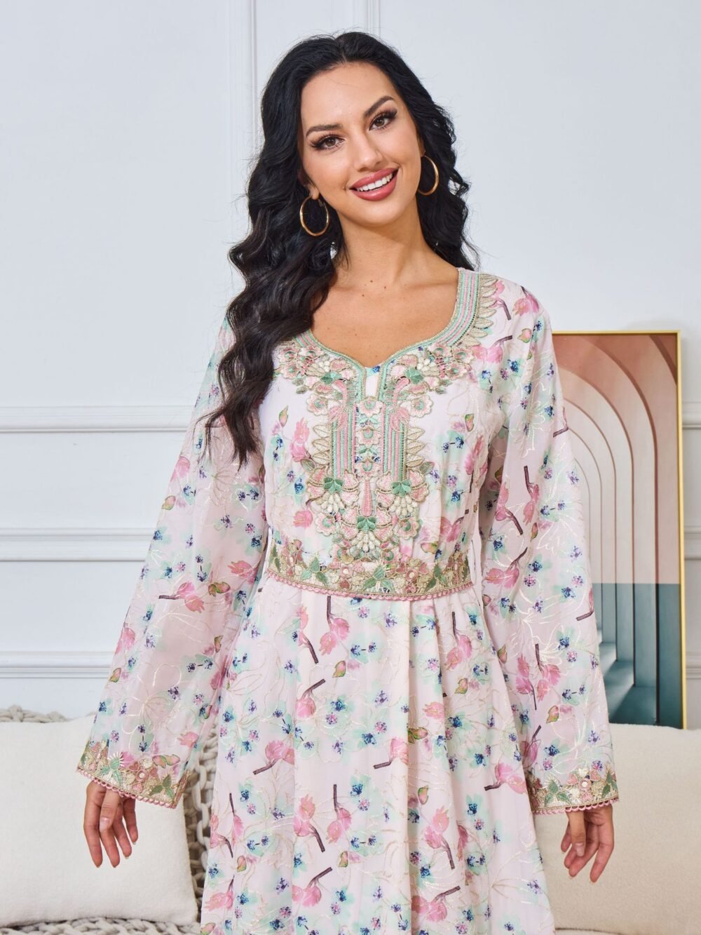 Round Neckline Floral Embroidered Kaftan Dress