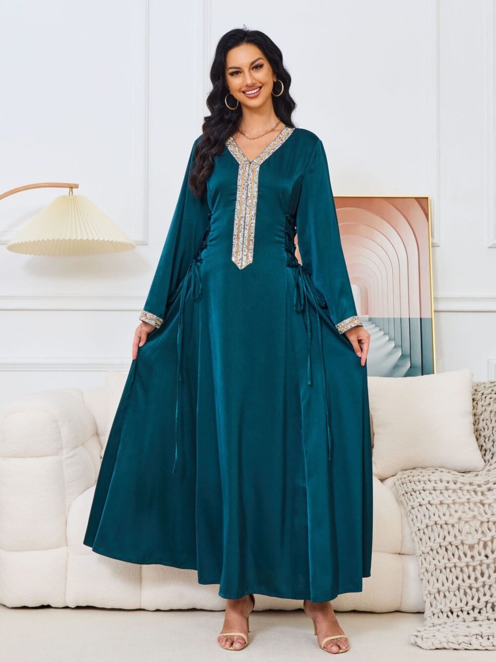 Lace Up embellishment Dark Green Muslim Abaya Dress