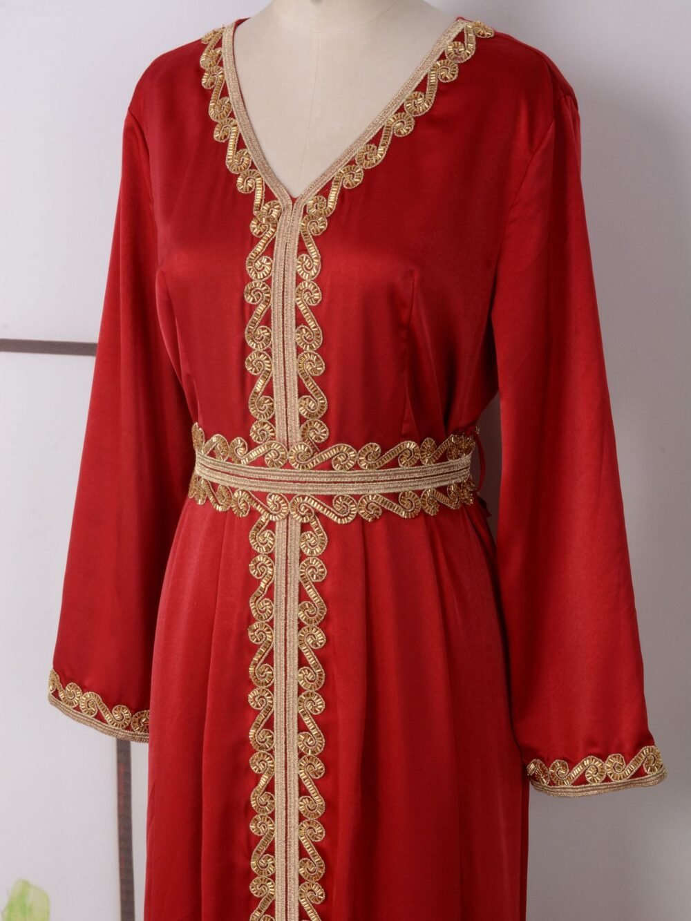 Beaded Red Kaftan Dress With Belt