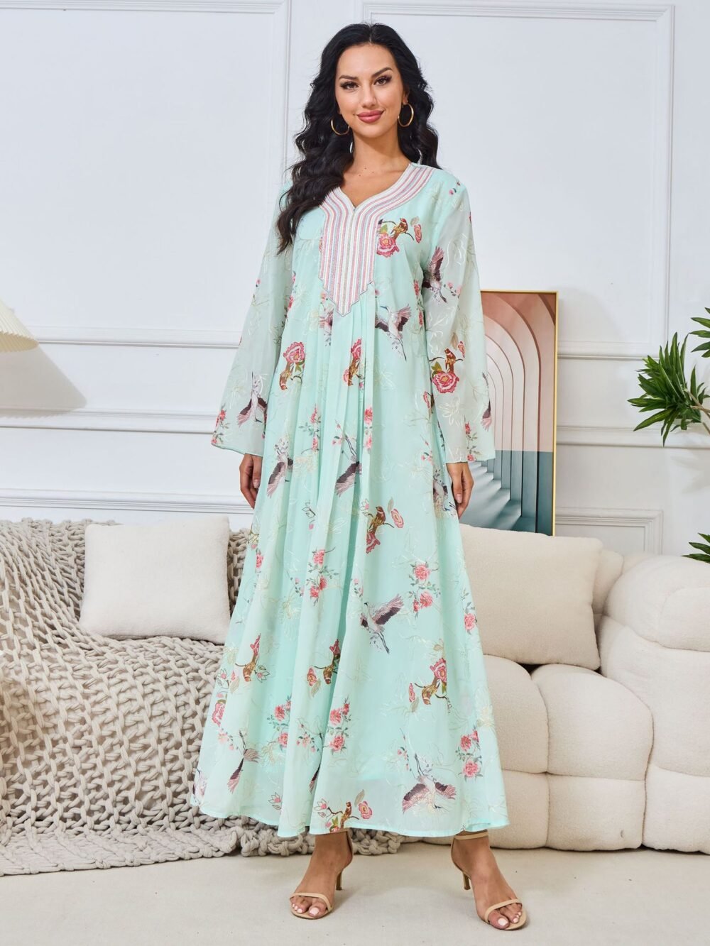 Mint Green Chiffon Embroidered Kaftan Dress