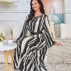 Zebra Stripe Metallic Fringe Belted Muslim Printed Kaftan dress