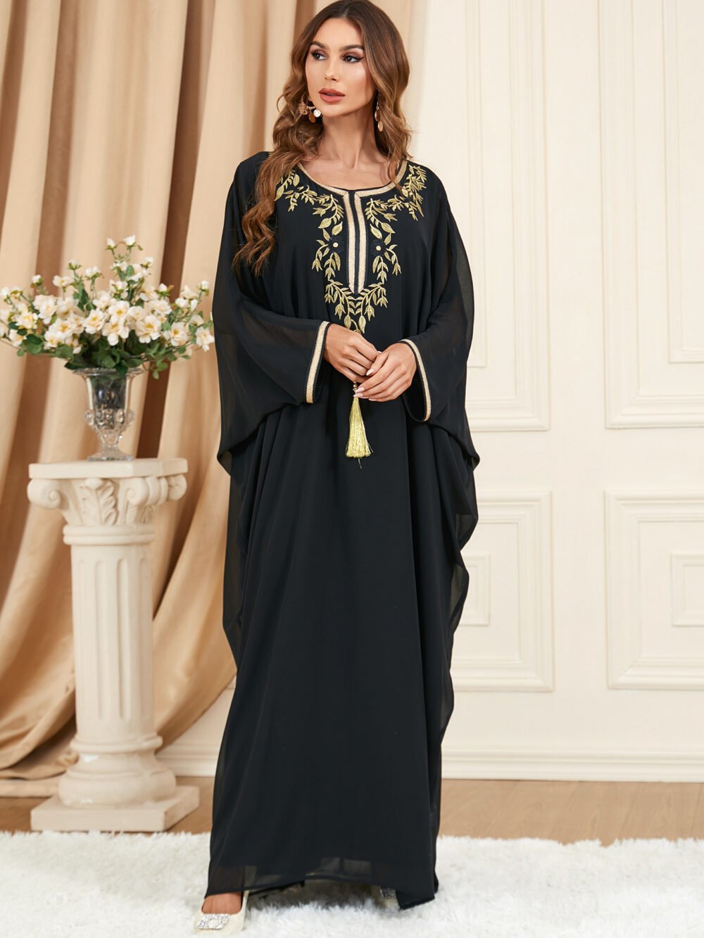 Tassel Decor Embroidered Black Chiffon Katan