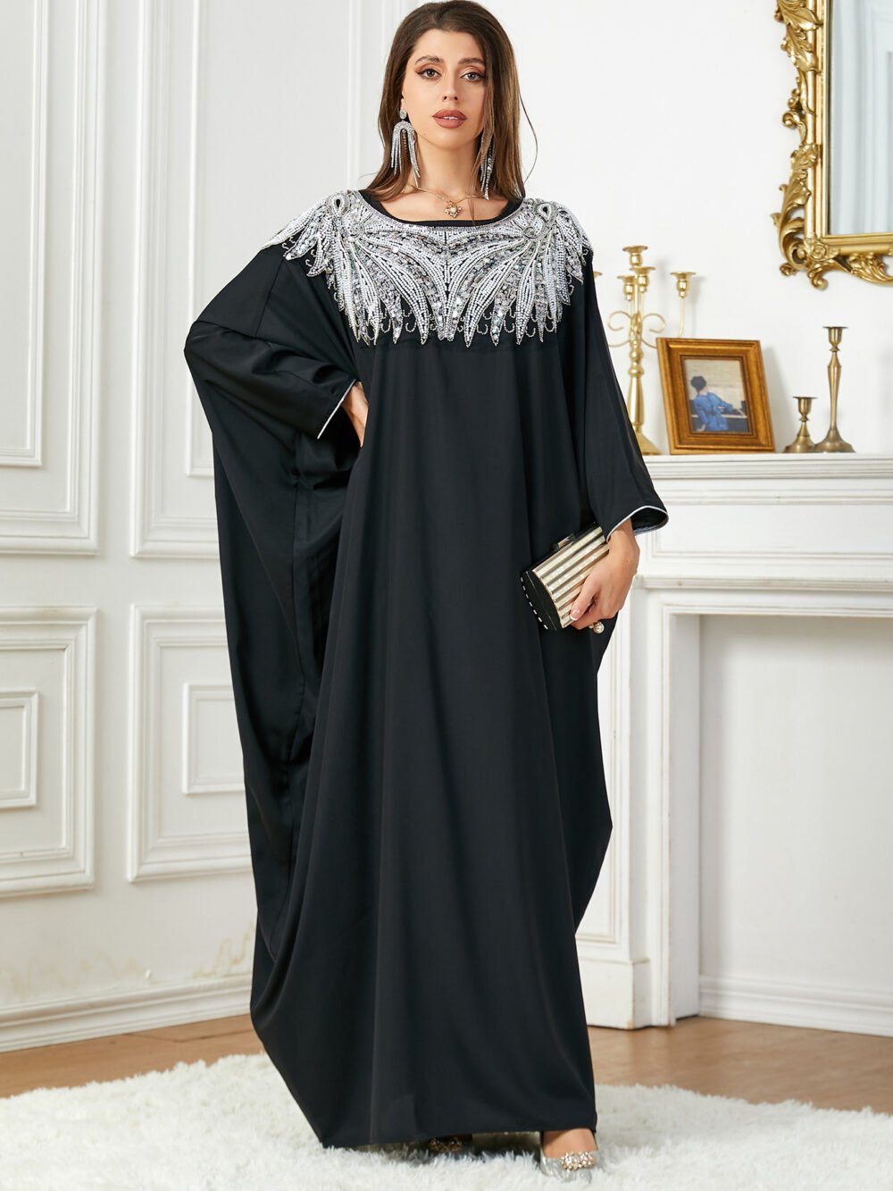 Sequin Beading Embroidered Black Women Muslim Kaftan