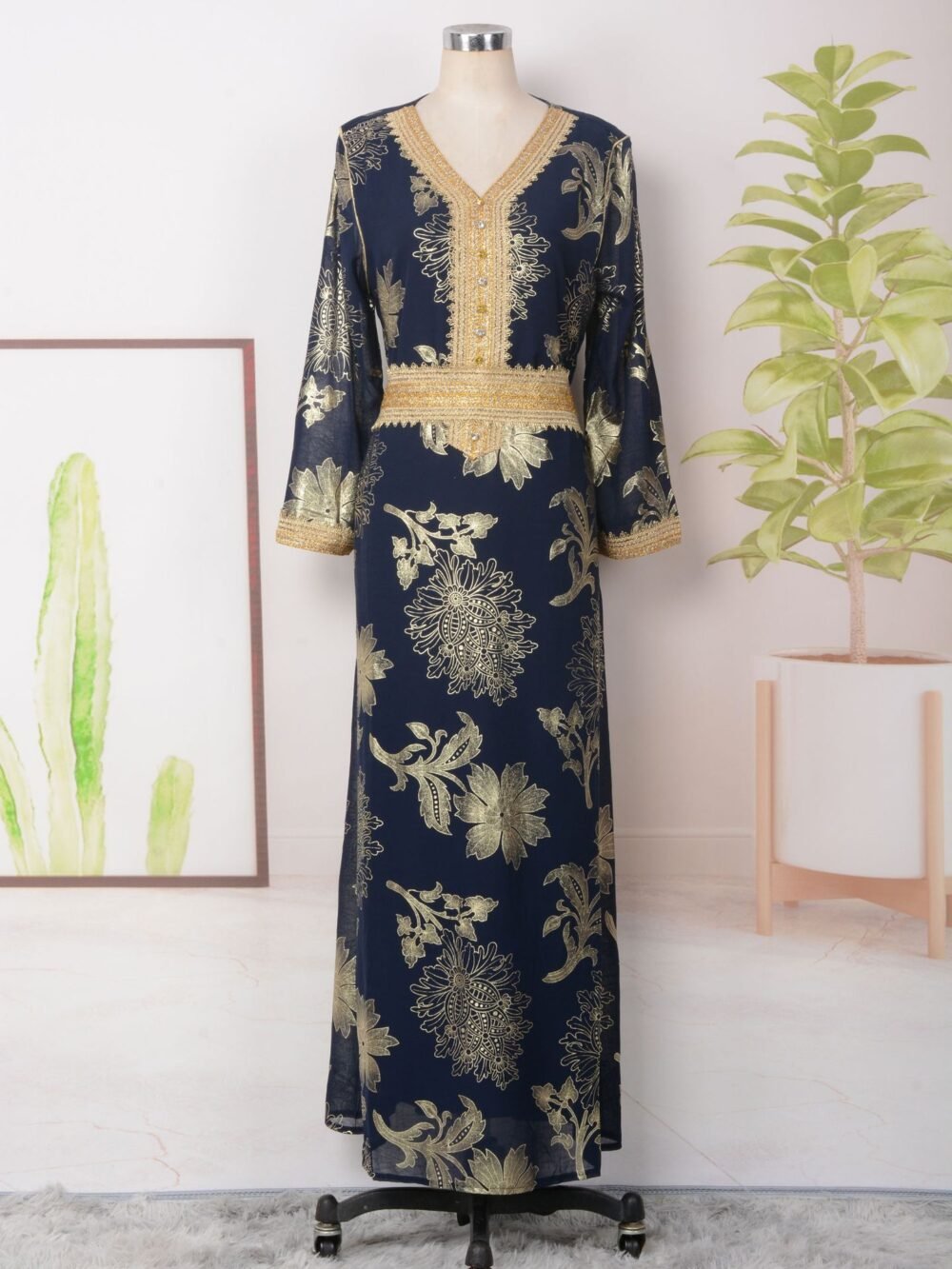 Gold Foil Belted Kaftan Dress