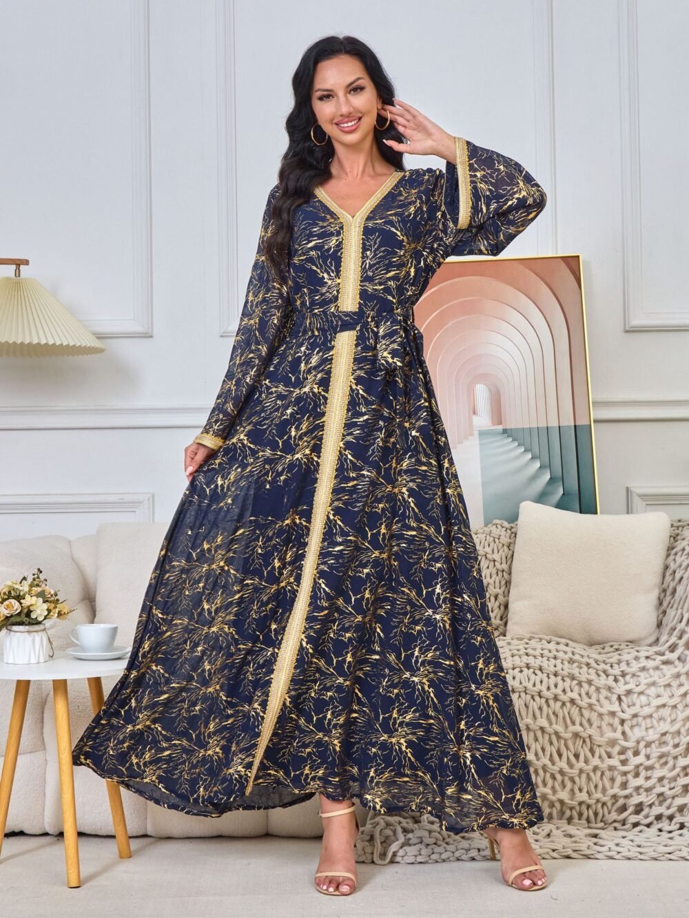 Gold Foil Pattern Bell Sleeve Muslim Caftan Dress