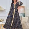 Gold Foil Pattern Bell Sleeve Muslim Caftan Dress