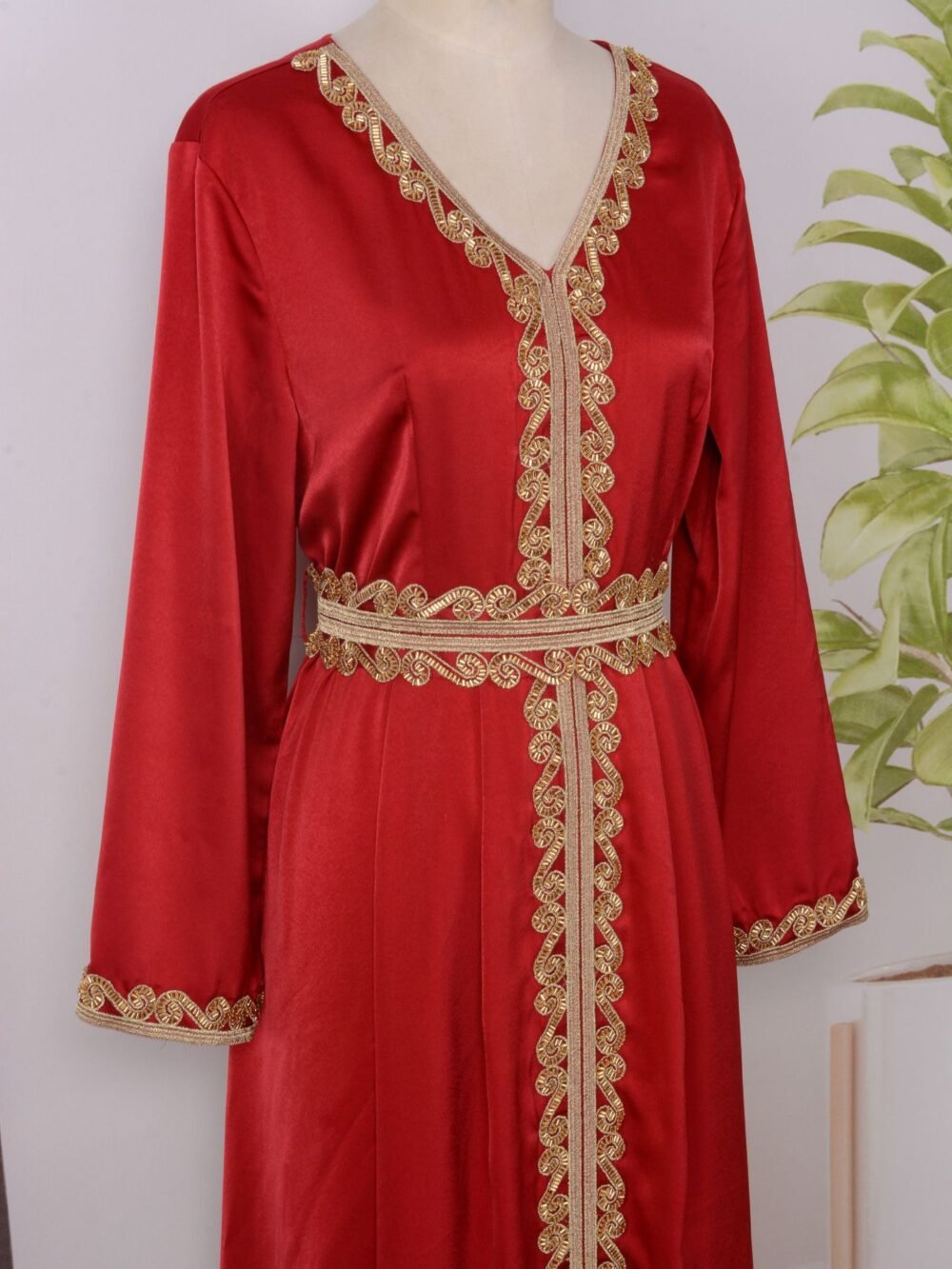 Beaded Red Kaftan Dress With Belt