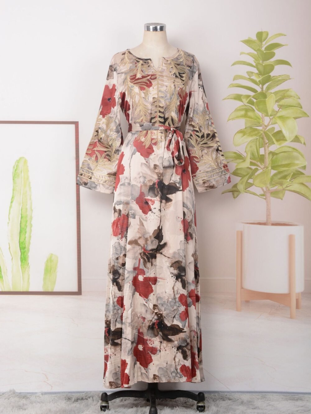 Arabia Notched Collar Floral Printed Embroidered Abaya