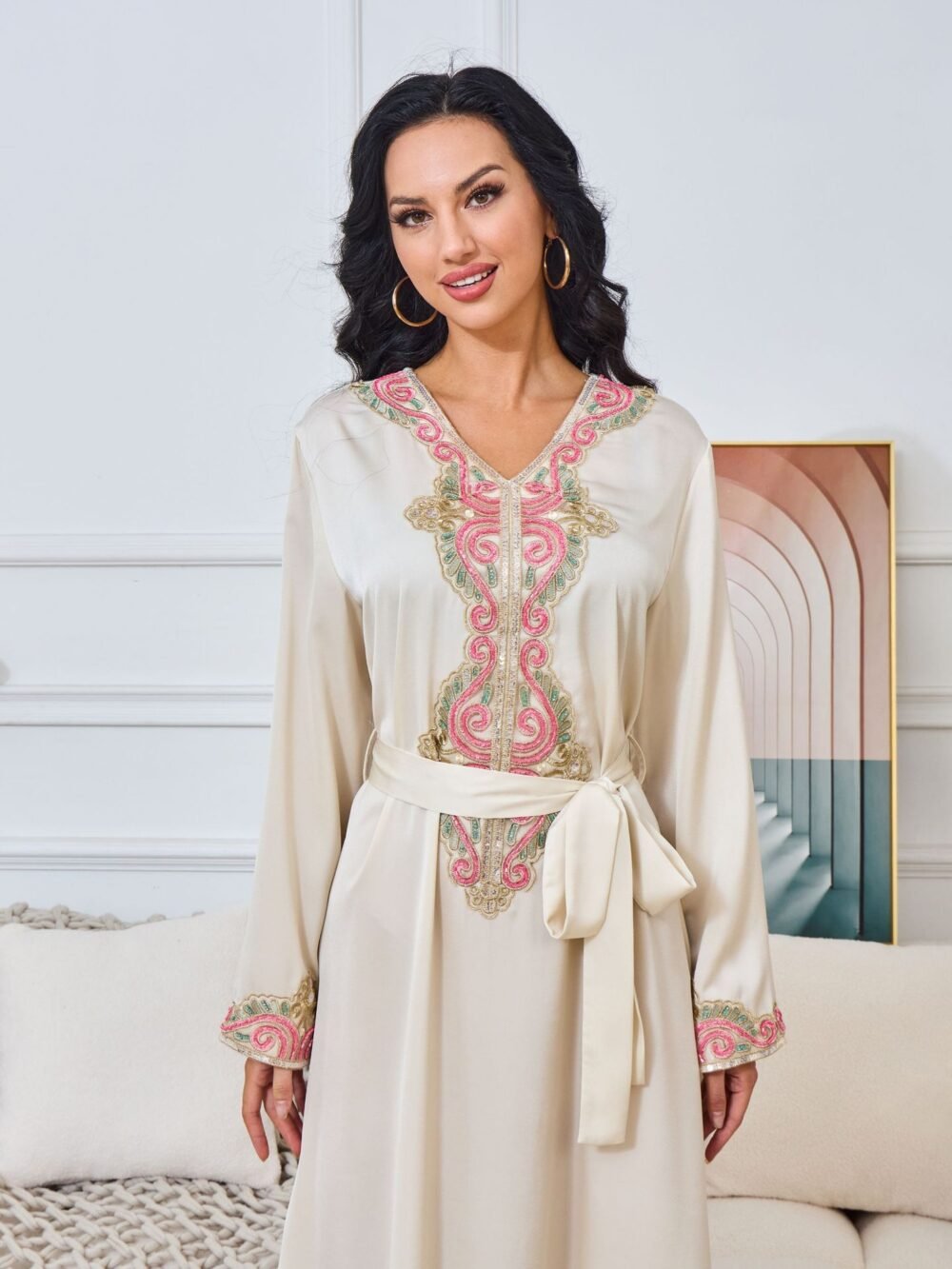 Beaded Embroidered Belted Kaftan Dress