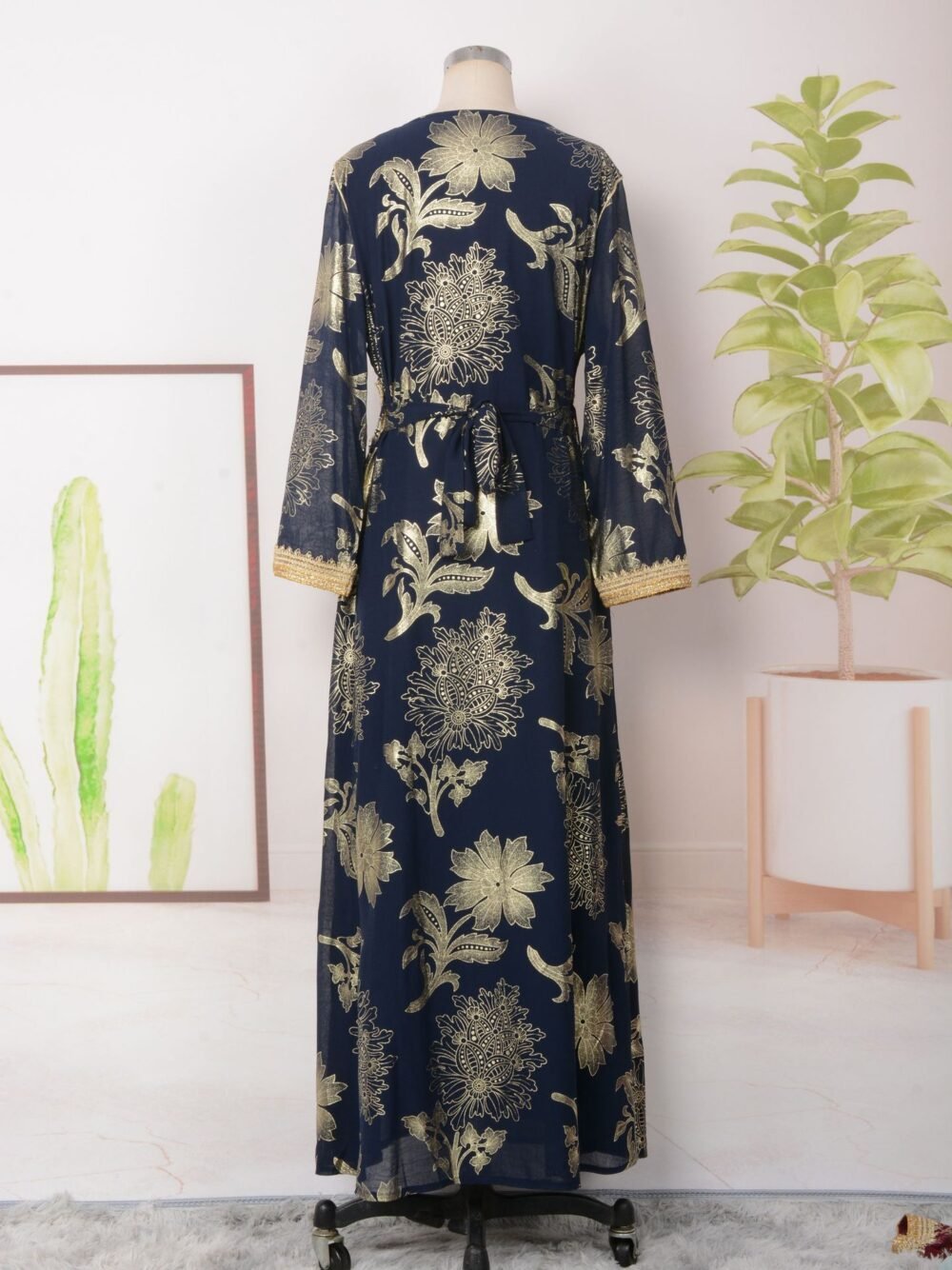 Gold Foil Belted Kaftan Dress