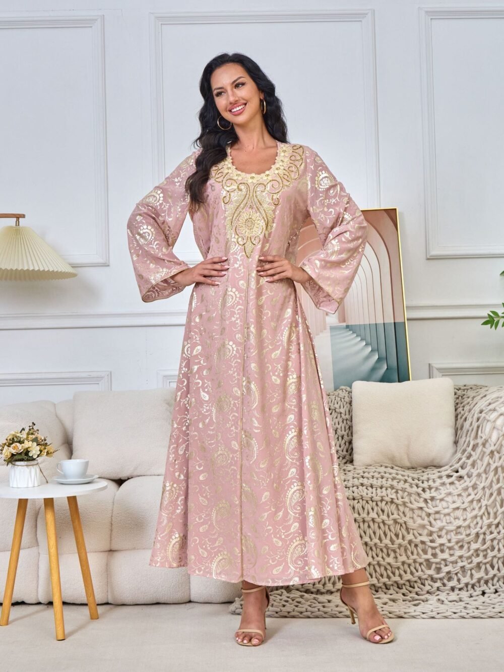 Gold Foil Embroidered Islamic Dress Muslim Pink Caftan