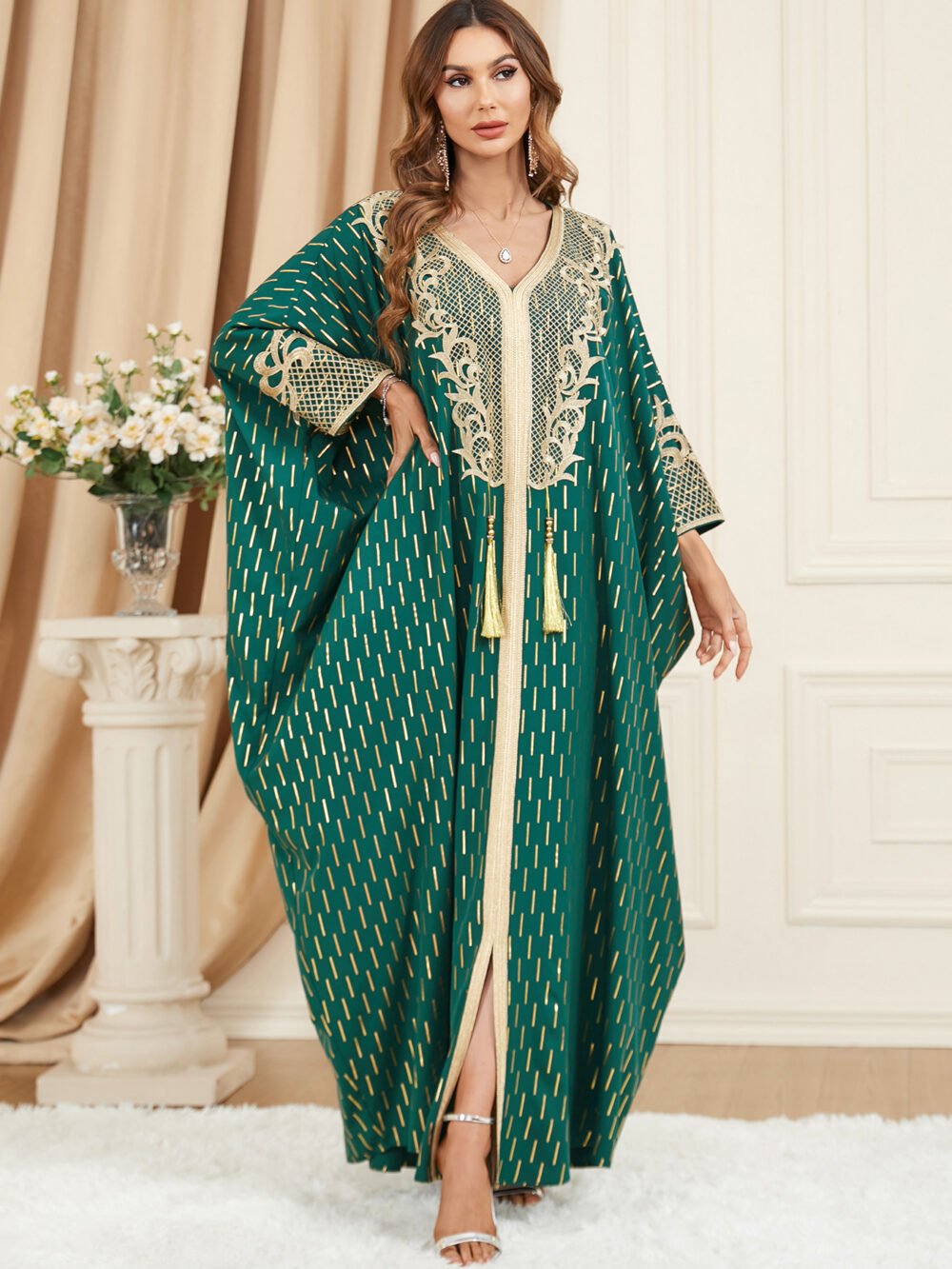 Gold Foil Tassel Decor Green Muslim Kaftan