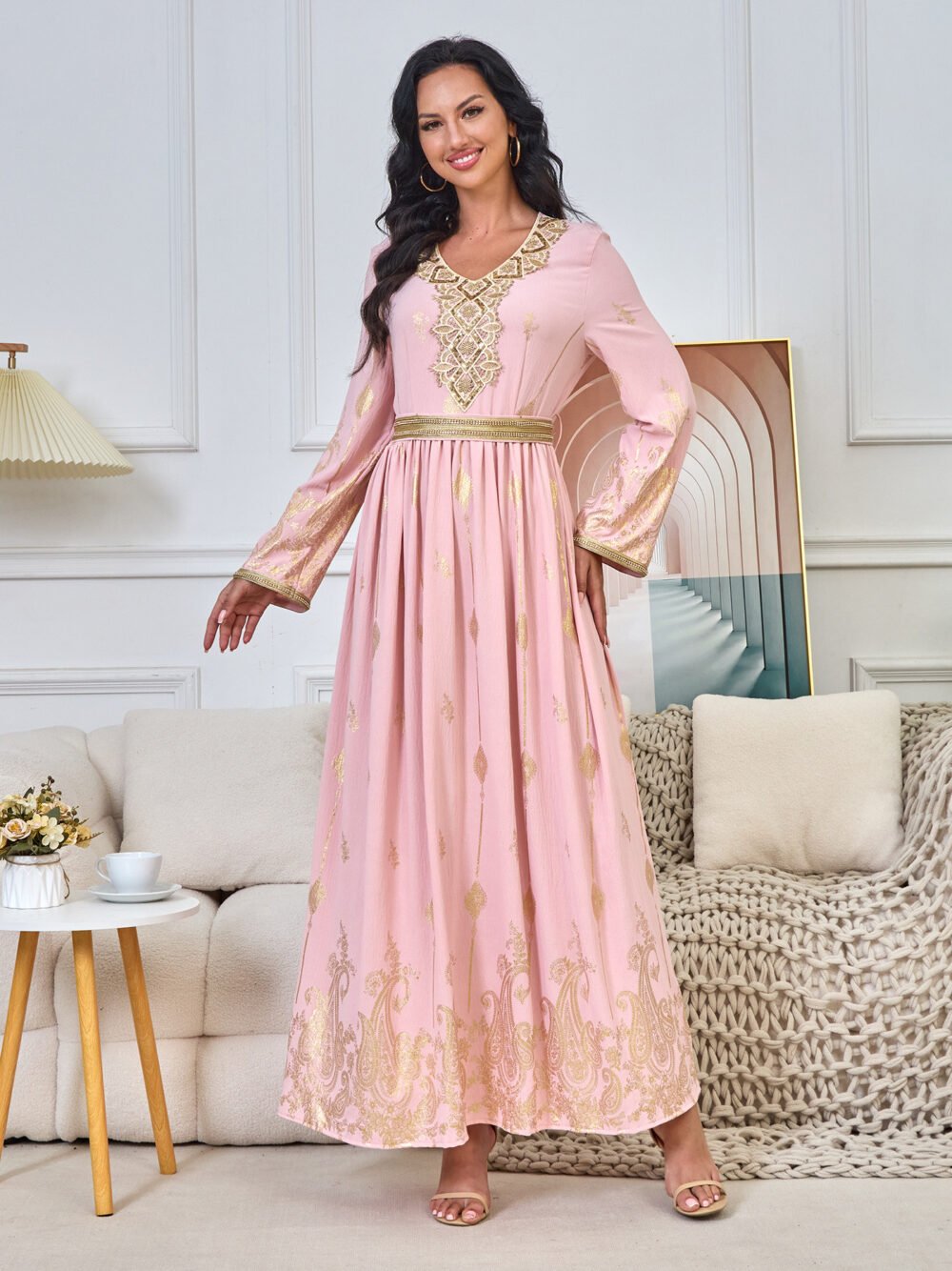 Gold Foil Belted Moroccan Pink Caftan