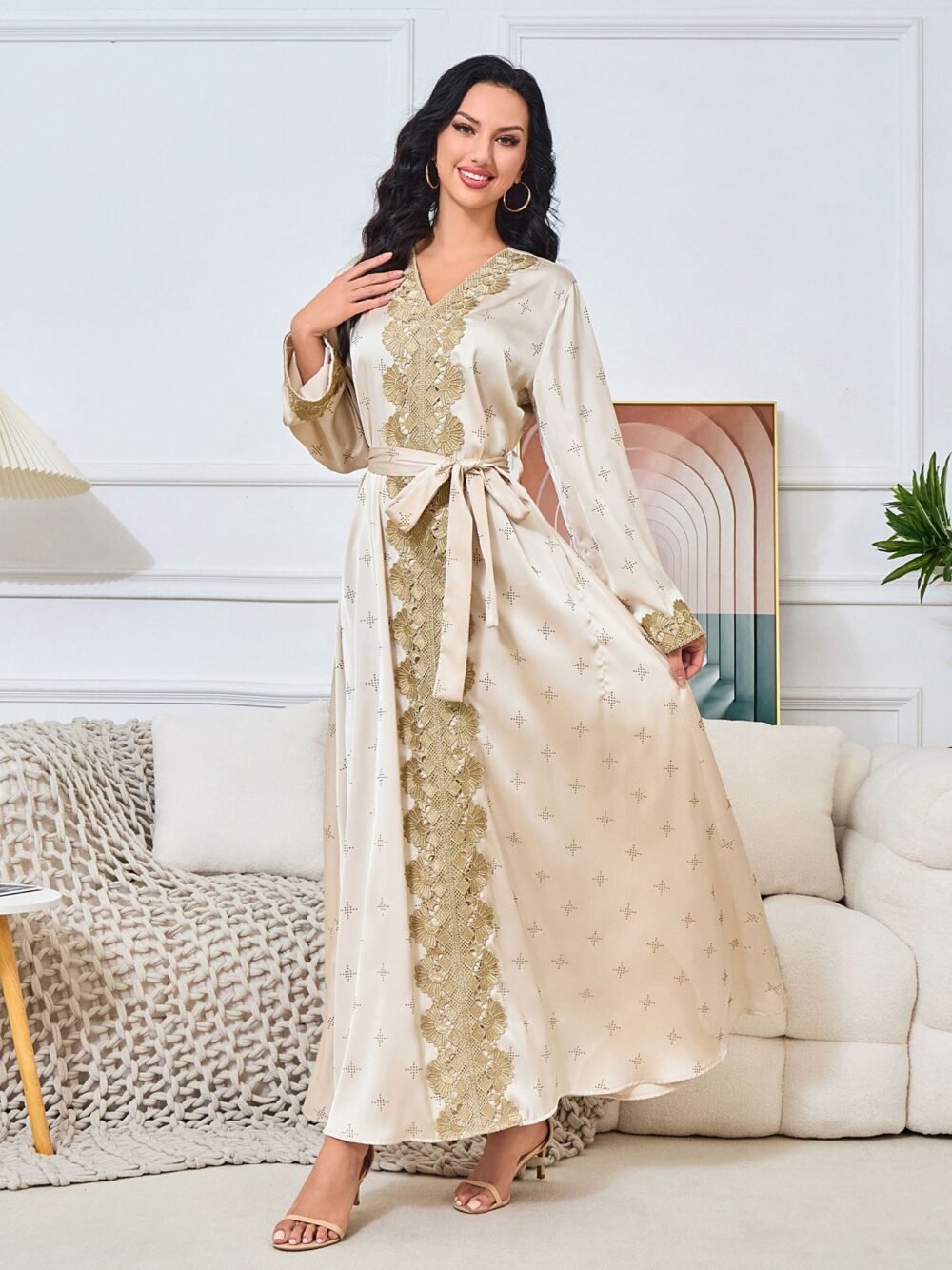 Rhinestone Embroidered Satin Kaftan