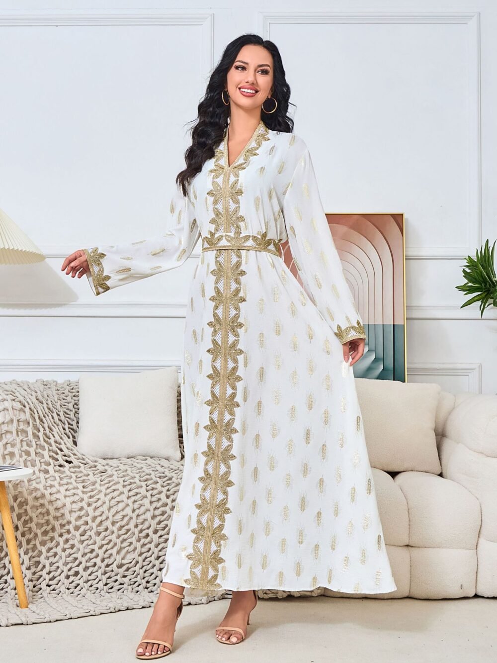 Gold Foil Trim Embellishment Muslim Kaftan Dress