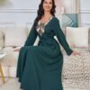 Floral Embroidered Muslim Belted Green Caftan Dress