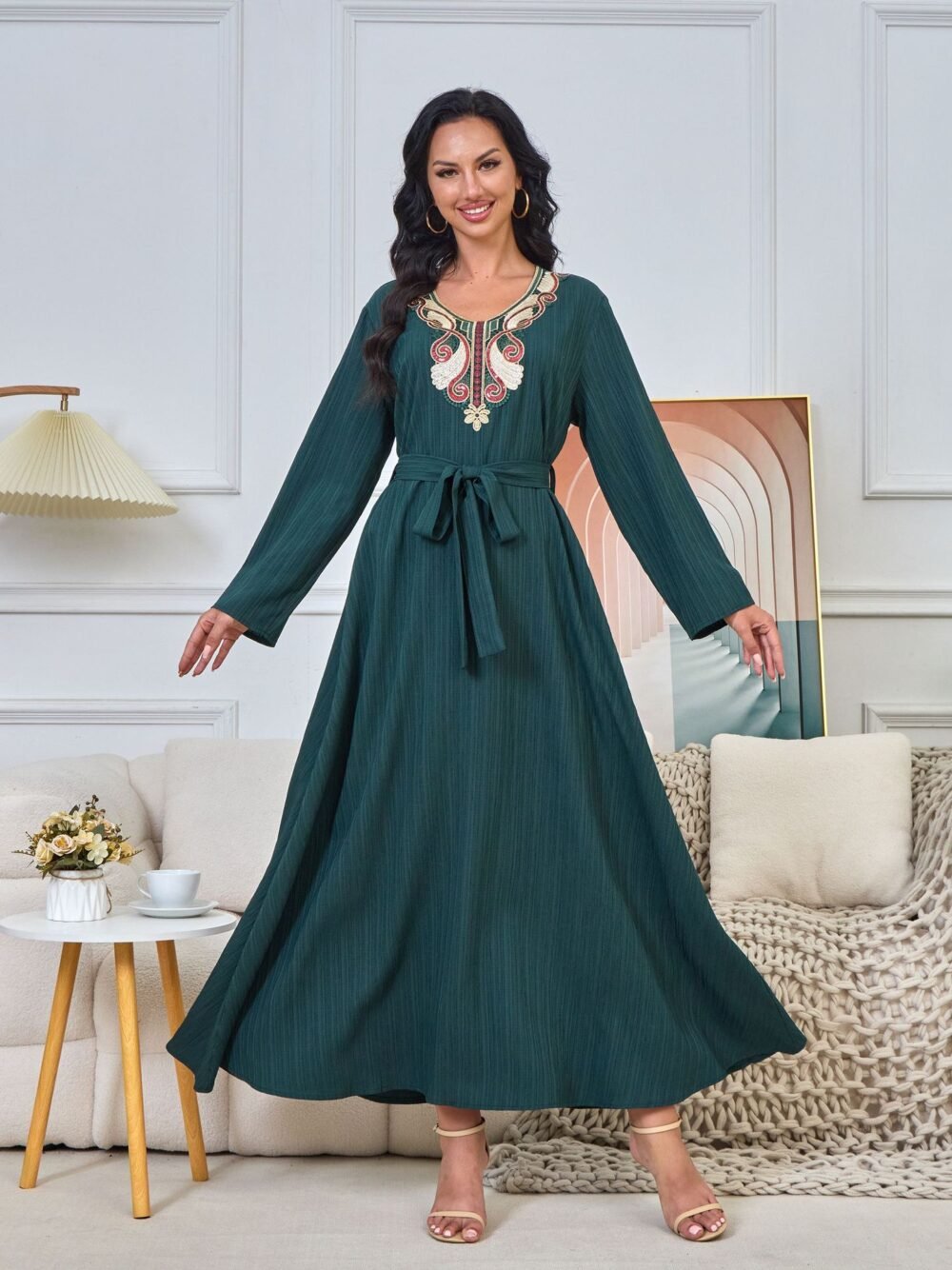 Floral Embroidered Muslim Belted Green Caftan Dress