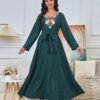 Floral Embroidered Muslim Belted Green Caftan Dress